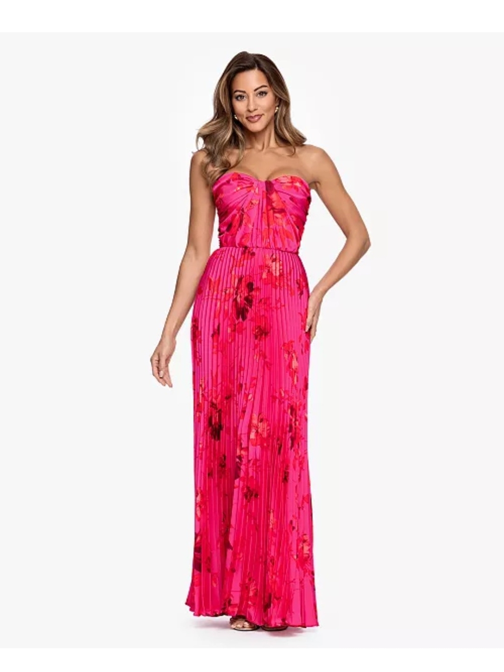 Betsy & Adam Fuchsia Floral Strapless Pleated Maxi Dress